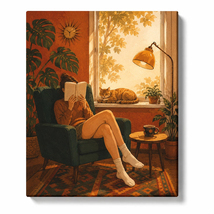 Sleeping Orange Cat on Sofa in Sunlit Living Room with Fireplace Paint by Numbers Kit For Adults