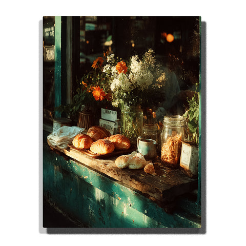 Bakery window with fresh bread, glass jars, white and orange flowers, and warm golden light on a rustic blue green ledge, city paint by numbers wall art by PaintEasy