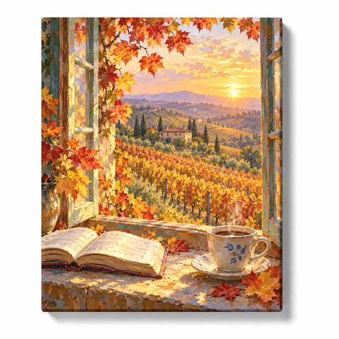 Steaming Coffee Cup on Open Book by Autumn Window with Falling Leaves Paint by Numbers Kit Fo…