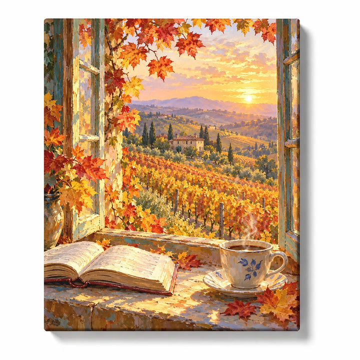 Steaming Coffee Cup on Open Book by Autumn Window with Falling Leaves Paint by Numbers Kit Fo…