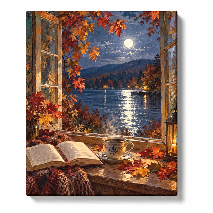 Open Book and White Cup on Autumn Window Sill with Knit Blanket Paint by Numbers Kit For Adults