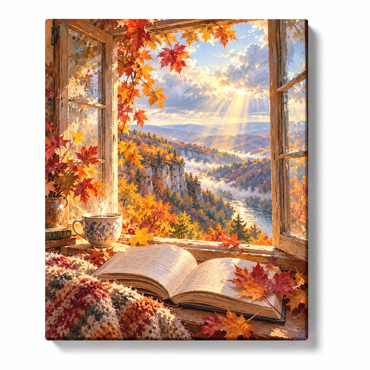 Cozy Autumn Window Sill with Open Book and Falling Leaves Paint by Numbers Kit For Adults