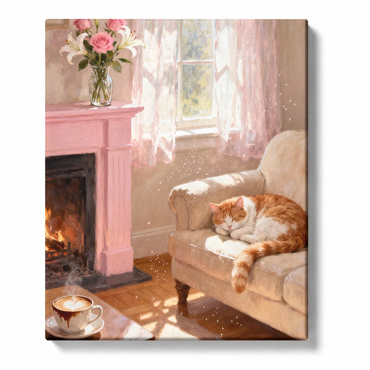 Sleeping Orange Cat on Armchair with Pink Fireplace and Flower Vase Paint by Numbers Kit For…