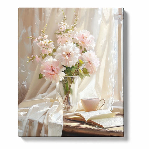 Pink and White Flowers with Books