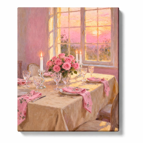 Pink Roses on a Lace-Covered Table by a Sunset Window Paint by Numbers Kit for Adults