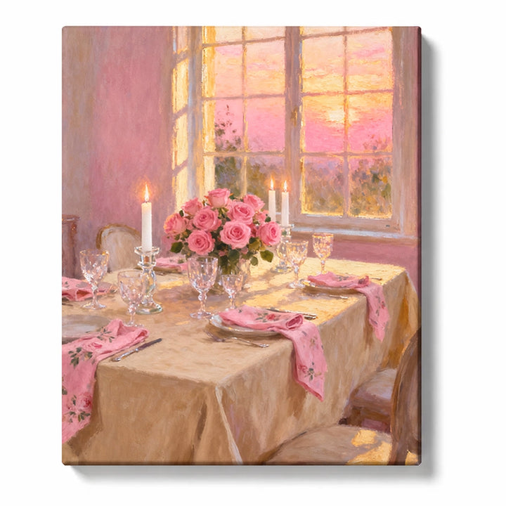 Pink Roses on a Lace-Covered Table by a Sunset Window Paint by Numbers Kit for Adults
