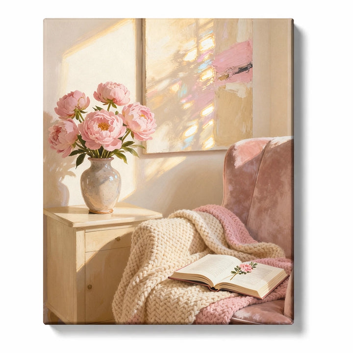 Pink Peonies in Vase on Table with Pink Armchair and Blanket Paint by Numbers Kit For Adults