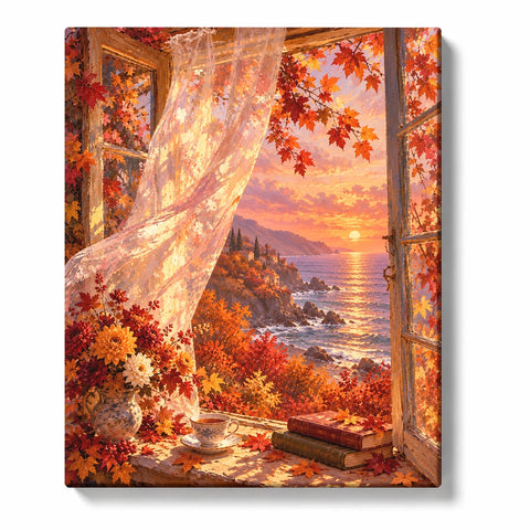 Autumn Window Sill with Open Book, Stack of Books and Steaming Cup Paint by Numbers Kit For A…
