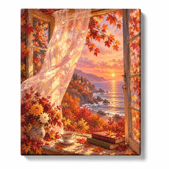 Autumn Window Sill with Open Book, Stack of Books and Steaming Cup Paint by Numbers Kit For A…