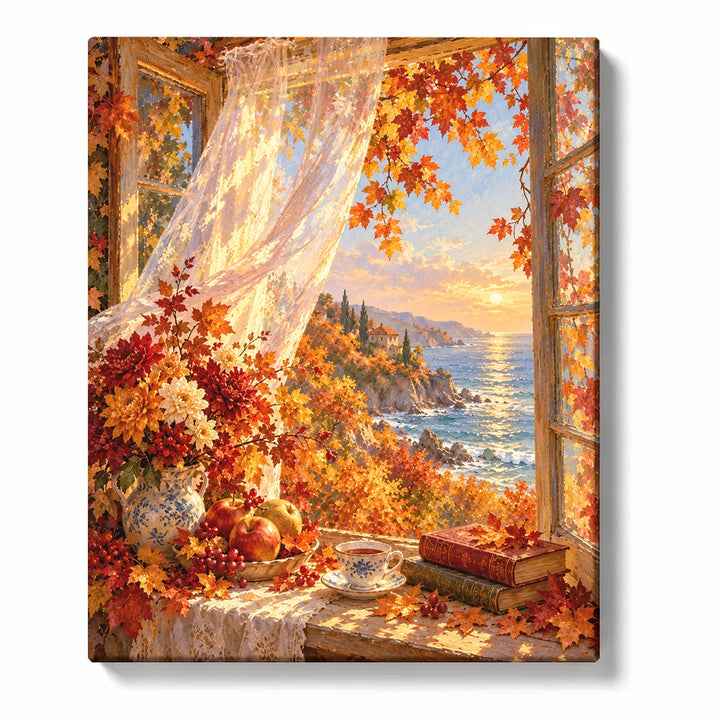 White and Orange Flowers in Glass Vase with Open Book and Coffee Cup by Window Paint by Numbe…
