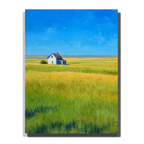 Lone White Cottage Paint by Numbers For Adults featuring a small countryside cottage surrounded by green and golden prairie beneath a vivid clear blue sky
