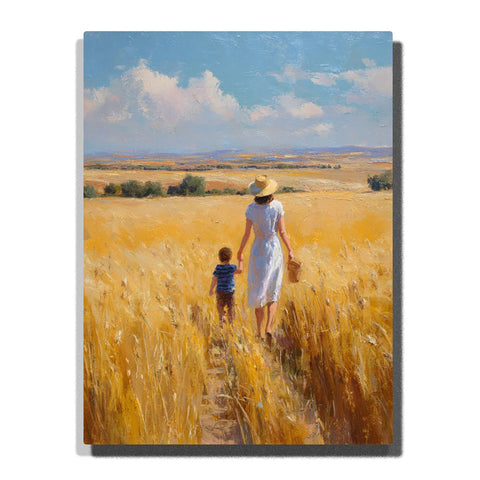 Mother and Child Paint by Numbers For Adults featuring mother in blue dress and straw hat holding a young child's hand while walking through a golden wheat field