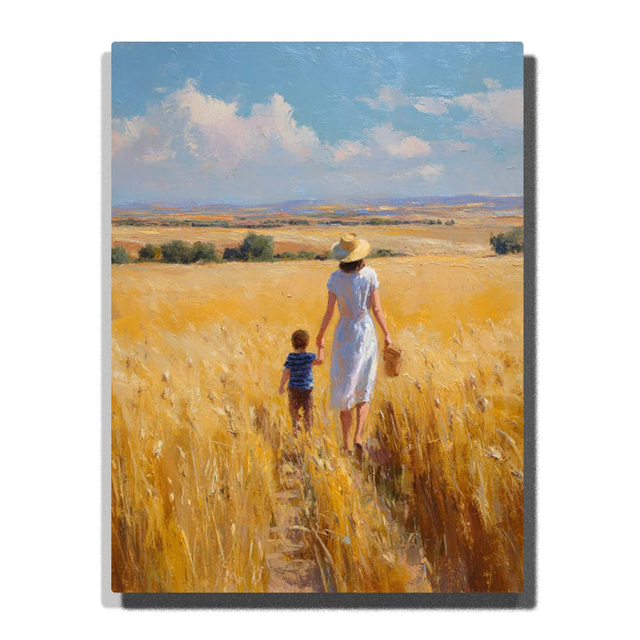 Mother and Child Paint by Numbers For Adults featuring mother in blue dress and straw hat holding a young child's hand while walking through a golden wheat field