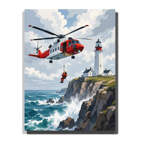 Aircraft Paint by Numbers For Adults featuring red and white rescue helicopter lowering crew member beside coastal lighthouse, rocky cliffs and crashing ocean waves