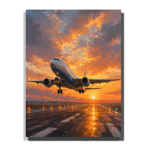 Aircraft Paint by Numbers For Adults featuring passenger airplane landing on wet airport runway beneath dramatic orange golden sunset with glowing runway reflections