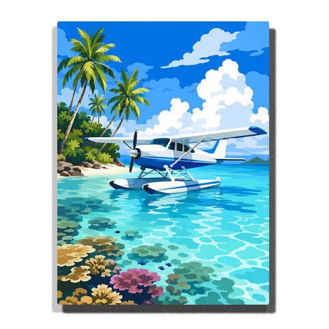 Aircraft Paint by Numbers For Adults featuring white and blue seaplane floating on turquoise tropical lagoon with palm trees, coral reef, tropical fish and blue sky