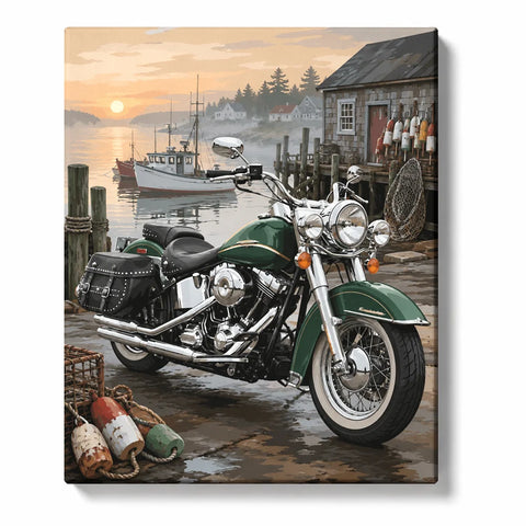 Harley Davidson Paint by Numbers For Adults featuring classic green cruiser motorcycle beside coastal fishing harbor with boats, docks and sunset