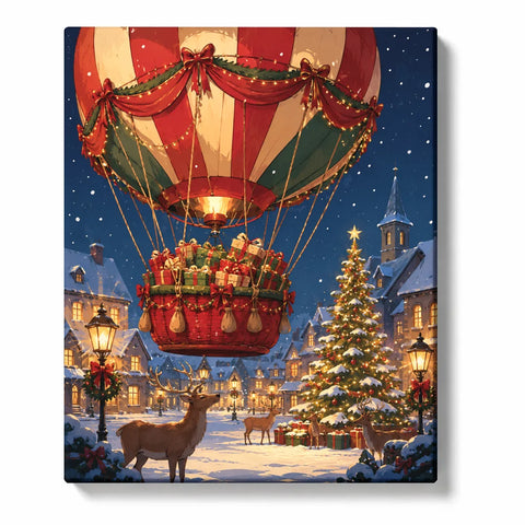 Hot Air Balloon Paint by Numbers For Adults featuring Christmas balloon filled with gifts above snowy village with reindeer, decorated tree and festive lights