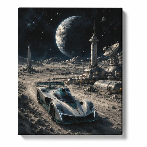 Jaguar Paint by Numbers For Adults featuring futuristic silver race car driving across lunar landscape with moon base, satellite dishes and giant planet