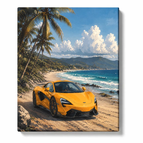 McLaren Paint by Numbers For Adults featuring orange supercar on tropical beach with palm trees, ocean waves, mountains and blue sky