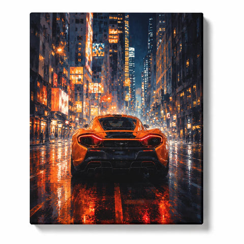 For Adults, Orange McLaren on Rainy Neon City Street with Glowing Reflections Paint by Numbers