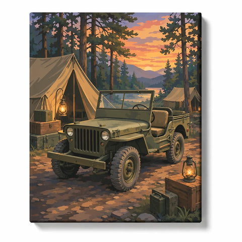Military Paint by Numbers For Adults featuring olive green army jeep at forest campsite with canvas tents, glowing lanterns, pine trees and orange sunset