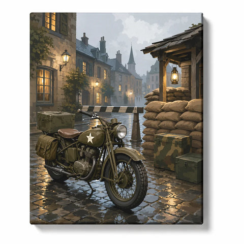 Military Motorcycle Paint by Numbers For Adults featuring vintage army motorcycle on rainy cobblestone street with sandbags, crates and historic buildings