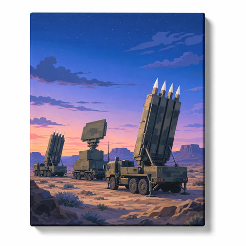 Military Paint by Numbers For Adults featuring mobile missile launchers and radar vehicles in desert landscape beneath blue pink sunset sky