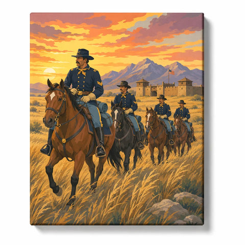 Military Paint by Numbers For Adults featuring cavalry soldiers riding horses through golden grasslands with frontier fort, mountains and orange sunset