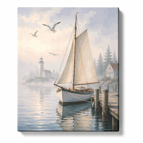 Sailboat Paint by Numbers For Adults featuring white sailing boat at misty harbor with lighthouse, wooden dock, coastal cottages, seagulls and calm reflections