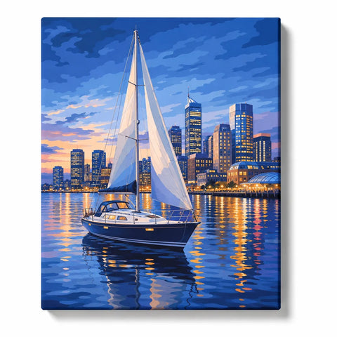 Sailboat Paint by Numbers For Adults featuring white sailing boat on blue water with illuminated modern city skyline, sunset sky and golden reflections