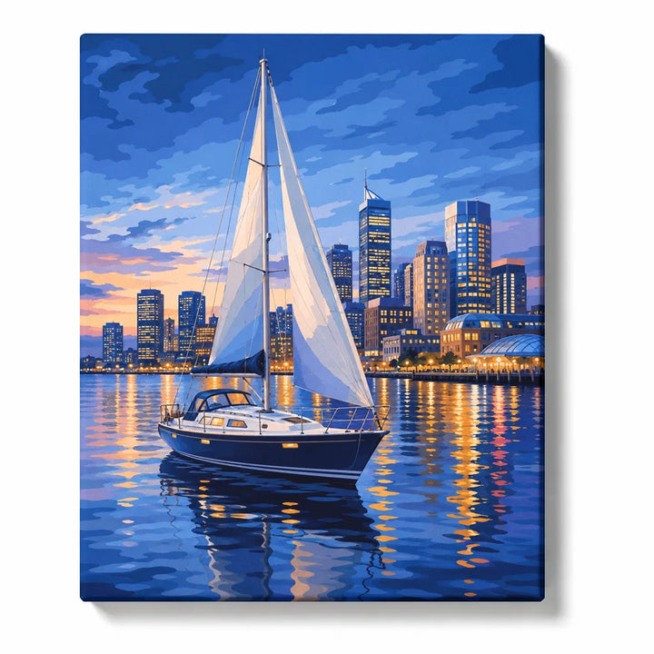 Sailboat Paint by Numbers For Adults featuring white sailing boat on blue water with illuminated modern city skyline, sunset sky and golden reflections