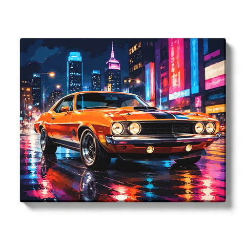 Paint by Numbers Cars For Adults featuring orange classic muscle car with black racing stripes on rainy neon city street with colorful skyscrapers and reflections