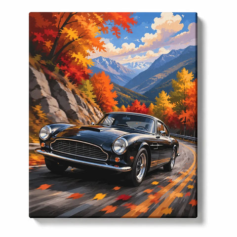Autumn Landscape Paint by Numbers For Adults featuring vintage black sports car driving on winding mountain road surrounded by red orange fall trees and alpine peaks