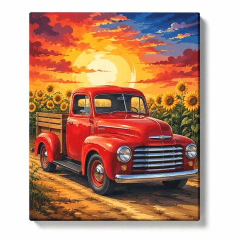 For Adults: Vintage Red Pickup Truck with Golden Sunflower Field and Colorful Sunset Paint by…