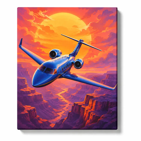 Aircraft Paint by Numbers For Adults featuring blue jet flying above dramatic desert canyon with giant golden sunset, orange clouds and winding river