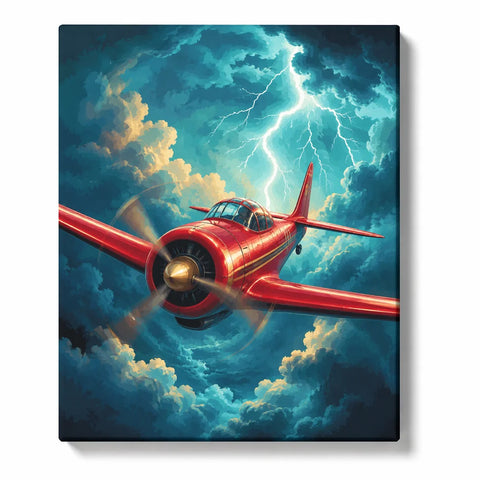 Aircraft Paint by Numbers For Adults featuring red vintage propeller airplane flying through turquoise storm clouds beneath dramatic white lightning