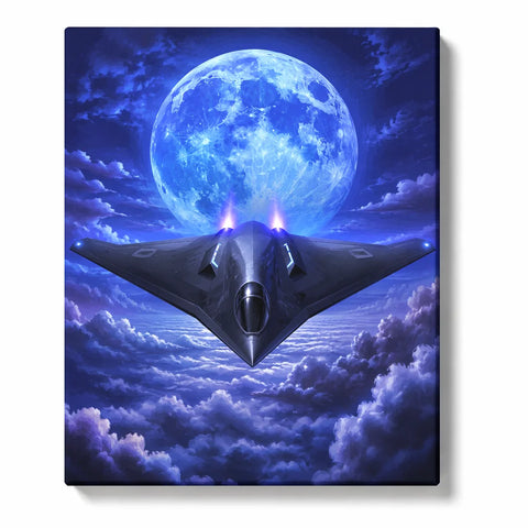 Aircraft Paint by Numbers For Adults featuring black stealth aircraft flying above blue clouds beneath giant glowing full moon with purple engine lights