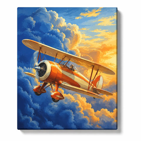 Vintage Biplane Paint by Numbers For Adults featuring orange and cream aircraft flying through dramatic blue and golden sunset clouds