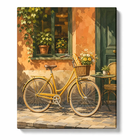 Cityscape Paint by Numbers For Adults featuring golden yellow bicycle with baguette and flower basket outside sunlit café with terracotta wall and green door