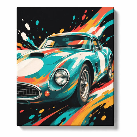 Formula 1 Paint by Numbers For Beginners featuring turquoise vintage racing car with orange red yellow and teal Pop Art paint splashes on black background