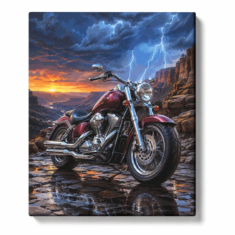 Harley Davidson Paint by Numbers For Adults featuring burgundy cruiser motorcycle with chrome engine on wet canyon road beneath lightning storm and orange sunset