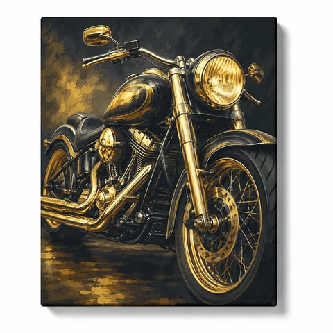 Motorcycle Paint by Numbers For Adults featuring golden motorcycle close-up with chrome details, engine parts, front wheel and dramatic lighting