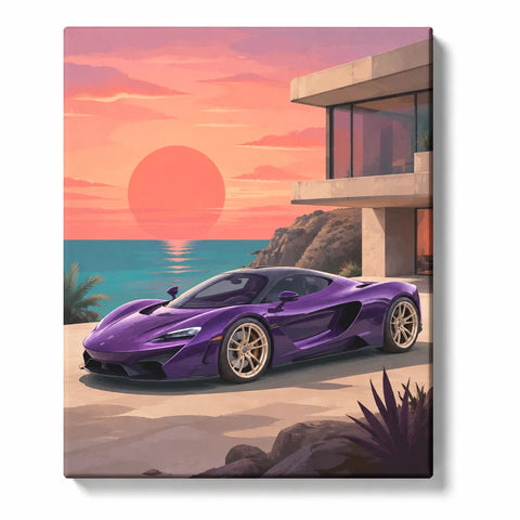 McLaren Paint by Numbers For Adults featuring purple supercar outside modern coastal villa with turquoise ocean and large coral sunset