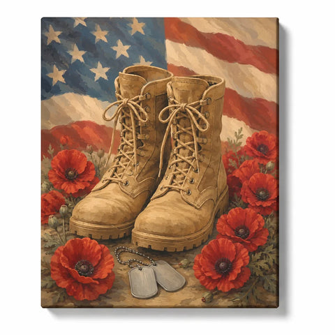 Military Paint by Numbers For Adults featuring tan combat boots, red memorial poppies, silver dog tags and vintage American flag background