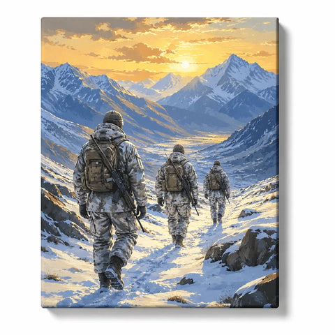 Military Mountain Patrol Paint by Numbers For Adults featuring soldiers walking through snowy mountains with winter landscape and golden sunset light