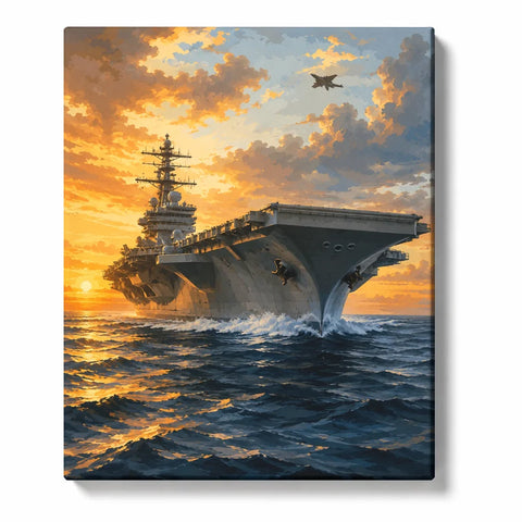 Military Paint by Numbers For Adults featuring aircraft carrier sailing through dark ocean waves beneath golden sunset with fighter jet overhead