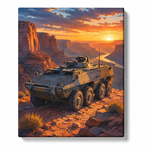 Military Paint by Numbers For Adults featuring armored eight wheeled vehicle in desert canyon with red cliffs, winding river and golden sunset