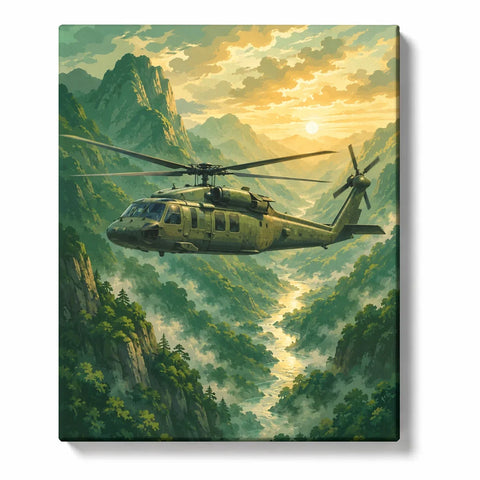 Military Helicopter Paint by Numbers For Adults featuring army aircraft flying through mountain valley with forests, river and golden sunset light