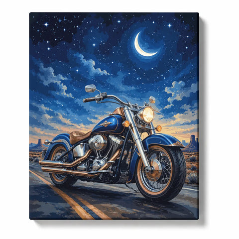 Motorcycle Paint by Numbers For Adults featuring blue classic cruiser on desert highway beneath crescent moon and starry night sky